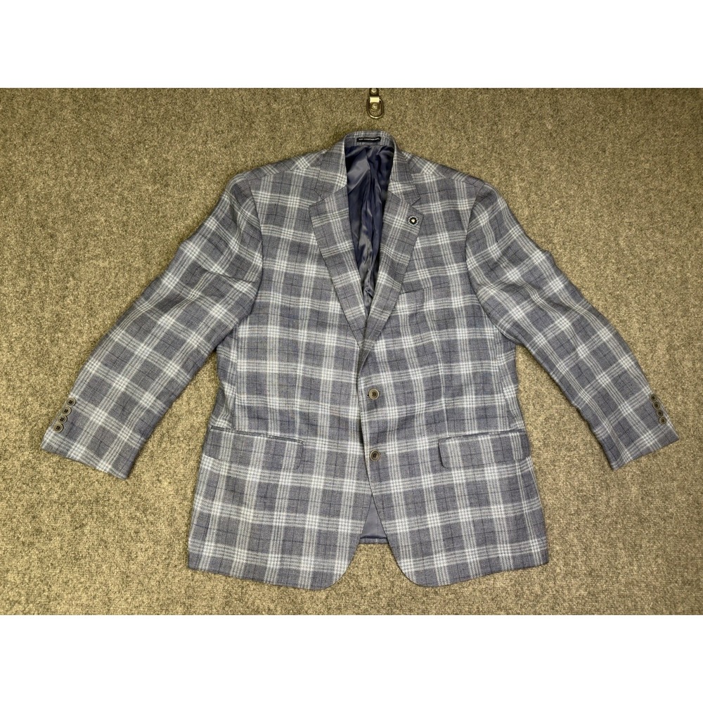 Men's Hart Schaffner Marx Blue Plaid Sport Coat Blazer Size 46 R Wool Linen HSM
